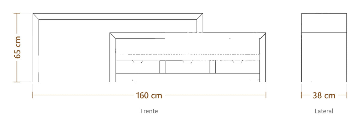 Medidas do Rack Extensível: largura 160 cm, profundidade 38 cm, altura 65 cm