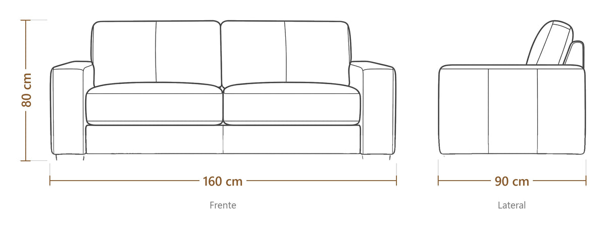 Medidas do Sofá Colorado 2 lugares: largura 160 cm, profundidade 90 cm, altura 80 cm