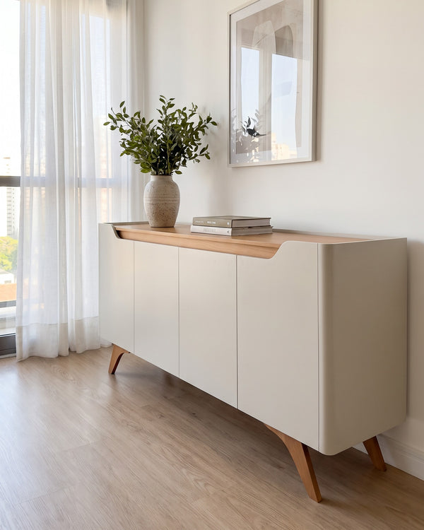 Buffet Atenas Off White 4 Portas Com Detalhe Em Madeira