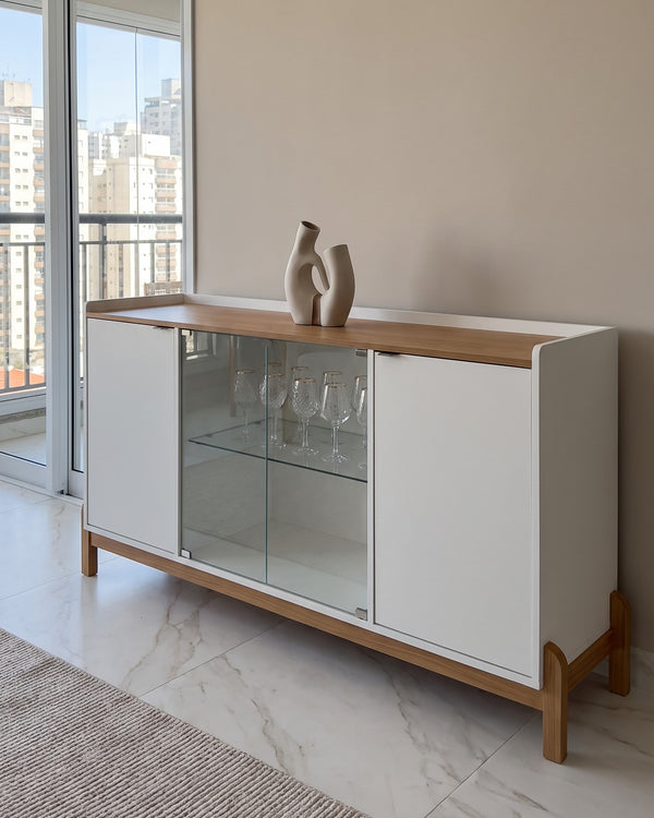 Buffet Bari Branco 2 Portas Com Vitrine De Vidro
