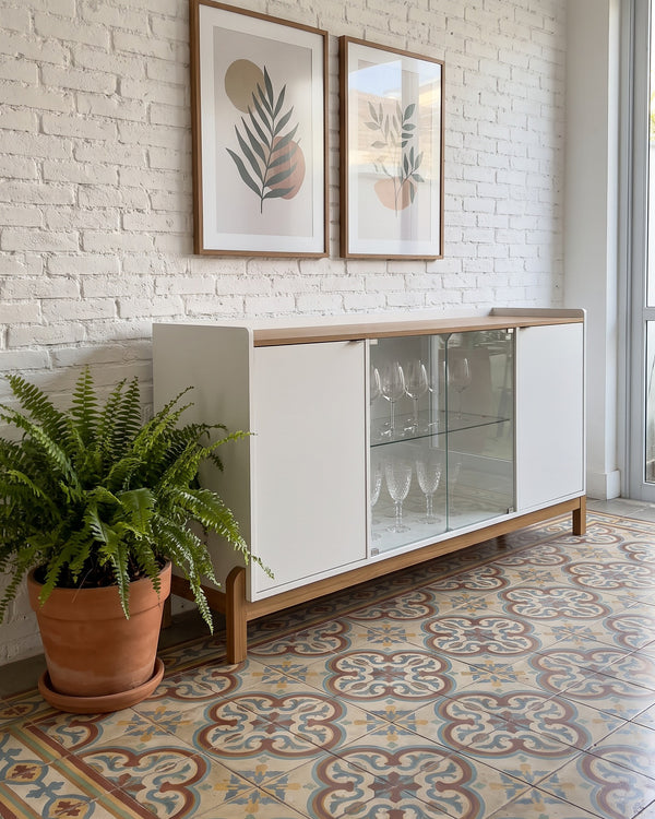 Buffet Bari Branco 2 Portas Com Vitrine De Vidro