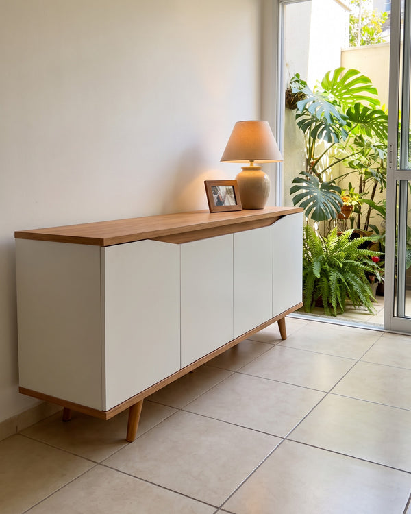 Buffet Grace Branco 4 Portas Tampo Madeira Pés Palito