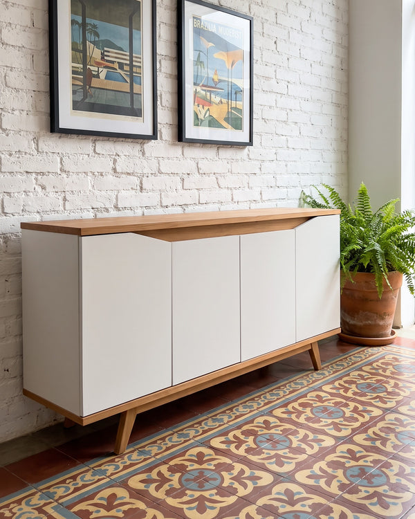 Buffet Grace Branco 4 Portas Tampo Madeira Pés Palito