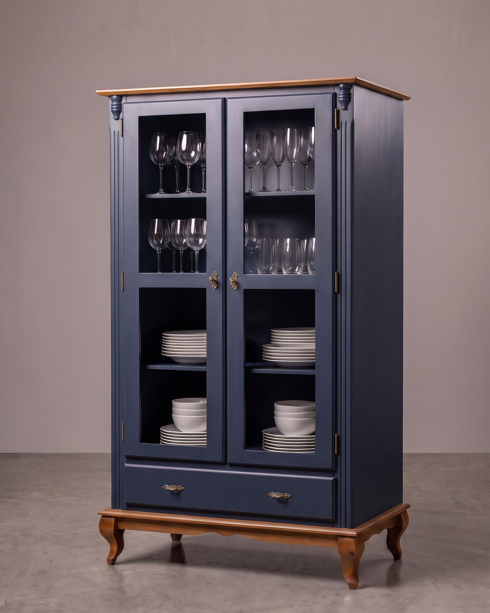 Cristaleira Laca Azul Com Imbuia Glazer 2 Portas 1 Gaveta