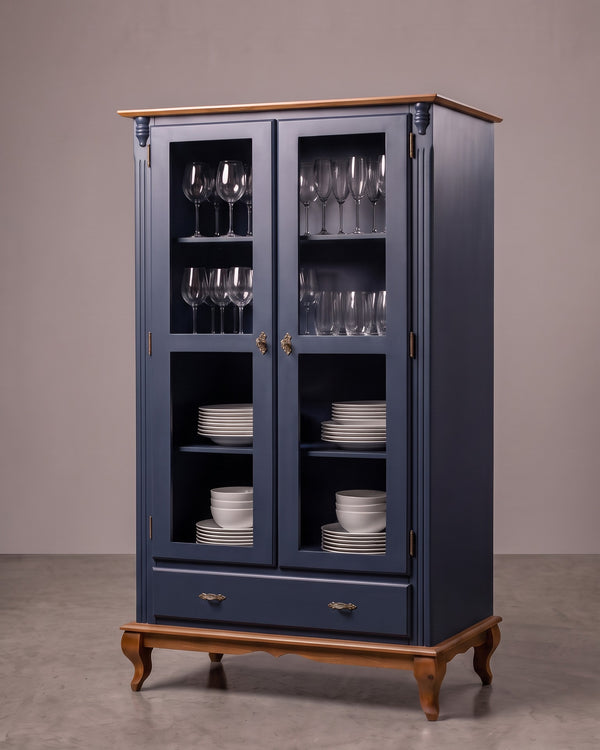 Cristaleira Laca Azul Com Imbuia Glazer 2 Portas 1 Gaveta