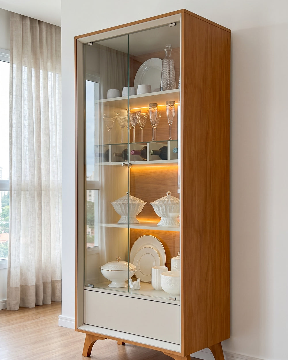 Cristaleira Premium Naturalle Porta De Vidro Com Led