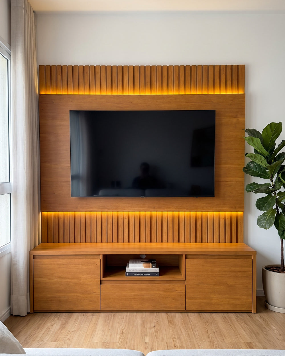 Home Aurora Painel Ripado Com Led Fita e Rack 2 Portas