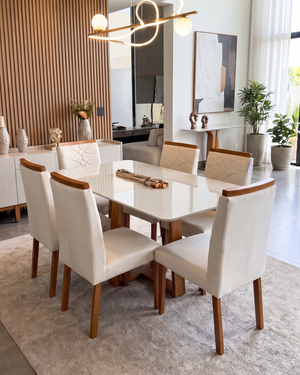 Conjunto Mesa Pedro 1.60m Off White Canto Redondo 6 Cadeiras