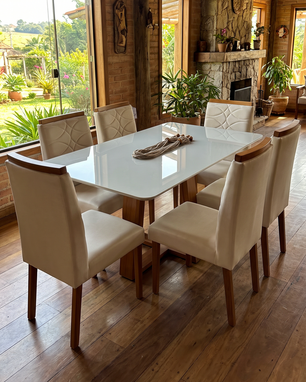 Conjunto Mesa Pedro 1.60m Off White Canto Redondo 6 Cadeiras