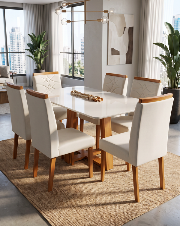 Conjunto Mesa Pedro 1.60m Off White Canto Redondo 6 Cadeiras