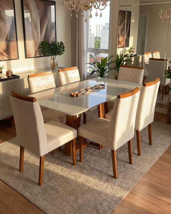 Conjunto Mesa Pedro 1.60m Off White Canto Redondo 6 Cadeiras