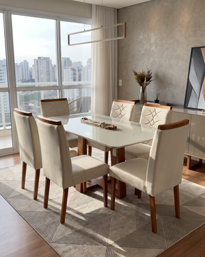 Conjunto Mesa Pedro 1.60m Off White Canto Redondo 6 Cadeiras