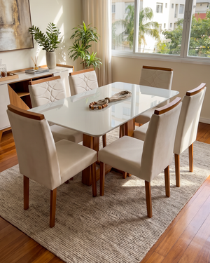 Conjunto Mesa Pedro 1.60m Off White Canto Redondo 6 Cadeiras