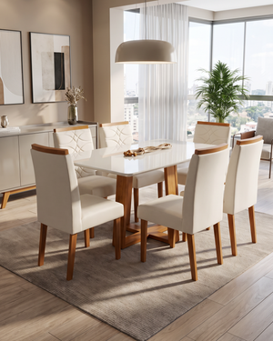 Conjunto Mesa Pedro 1.60m Off White Canto Redondo 6 Cadeiras