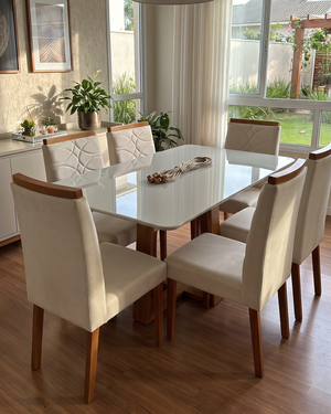 Conjunto Mesa Pedro 1.60m Off White Canto Redondo 6 Cadeiras