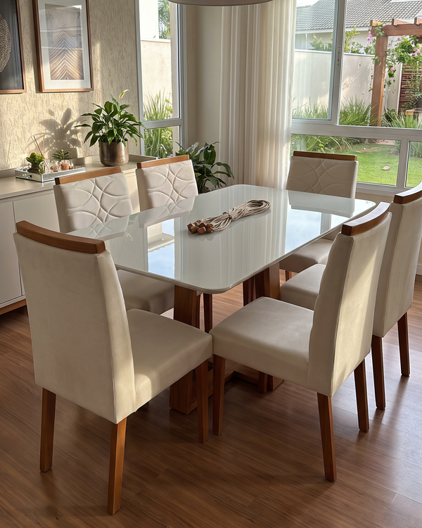 Conjunto Mesa Pedro 1.60m Off White Canto Redondo 6 Cadeiras