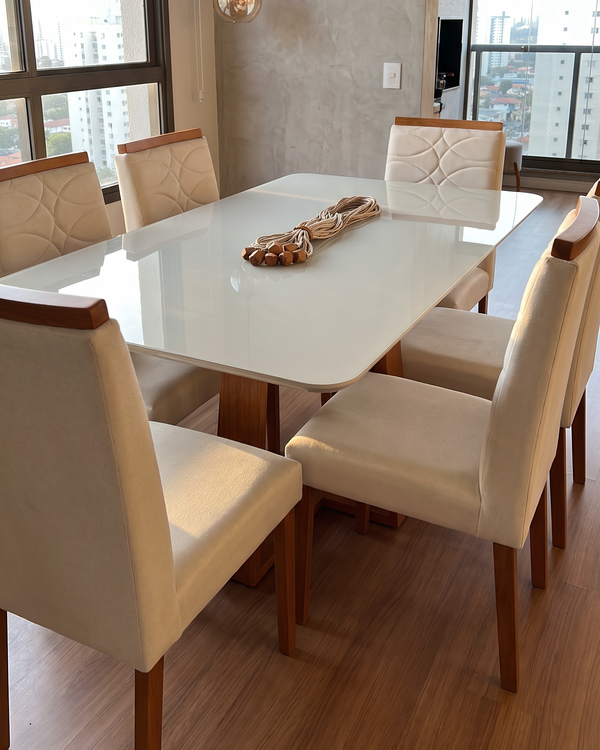 Conjunto Mesa Pedro 1.60m Off White Canto Redondo 6 Cadeiras
