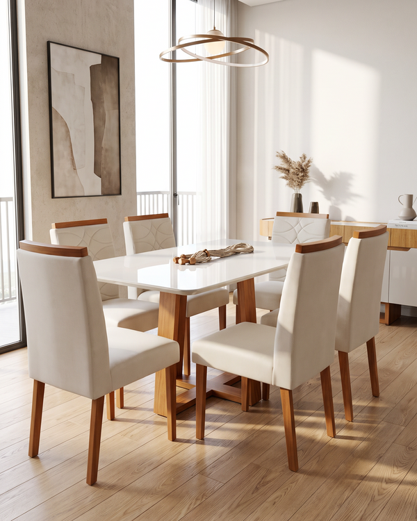 Conjunto Mesa Pedro 1.60m Off White Canto Redondo 6 Cadeiras