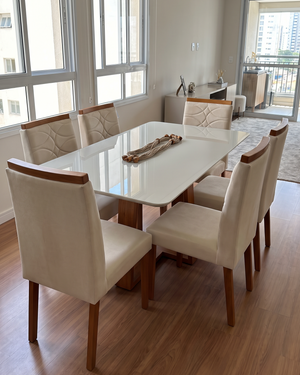 Conjunto Mesa Pedro 1.60m Off White Canto Redondo 6 Cadeiras