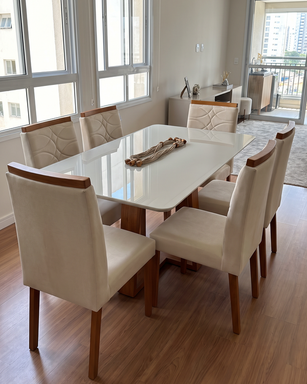 Conjunto Mesa Pedro 1.60m Off White Canto Redondo 6 Cadeiras