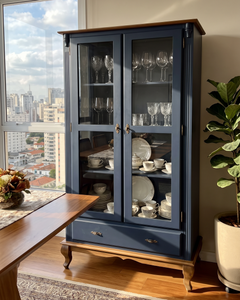 Cristaleira Laca Azul Com Imbuia Glazer 2 Portas 1 Gaveta