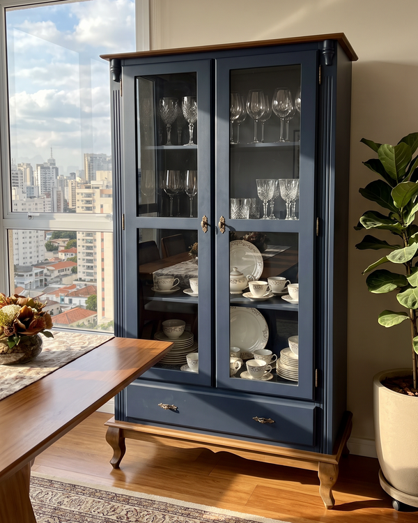 Cristaleira Laca Azul Com Imbuia Glazer 2 Portas 1 Gaveta