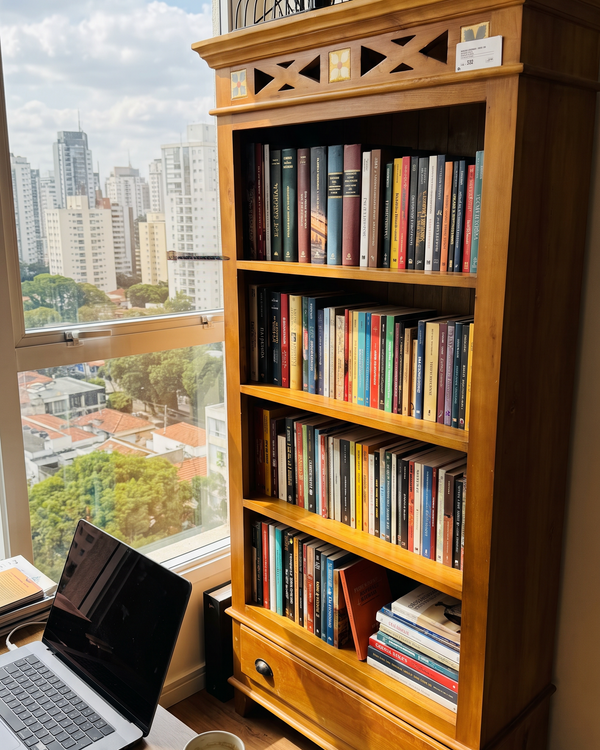Livreiro Ladrilho Rústico Madeira Maciça 4 Prateleiras 1 Gaveta