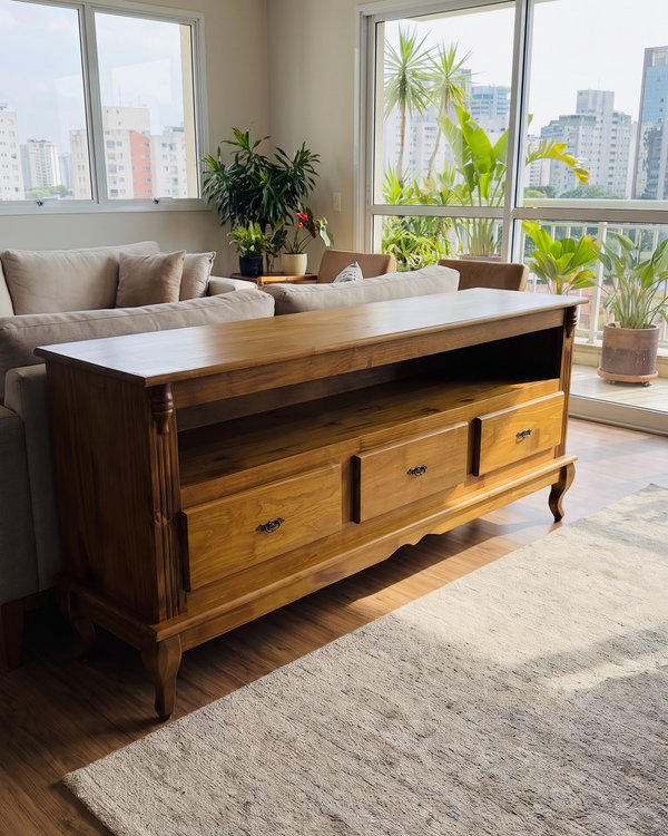 Rack Rústico Madeira Maciça 3 Gavetas 1 Nicho Pé Luís XV
