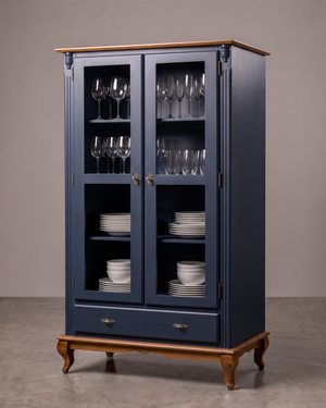 Cristaleira Laca Azul Com Imbuia Glazer 2 Portas 1 Gaveta