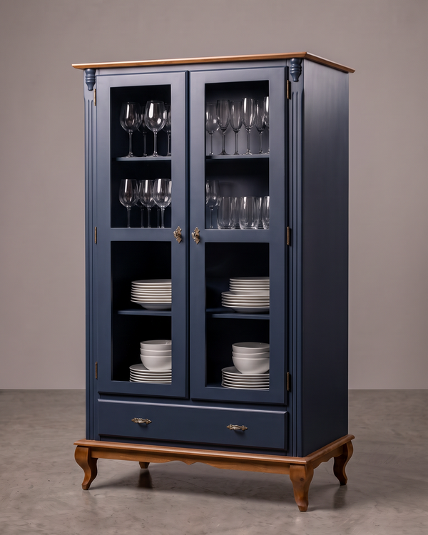Cristaleira Laca Azul Com Imbuia Glazer 2 Portas 1 Gaveta