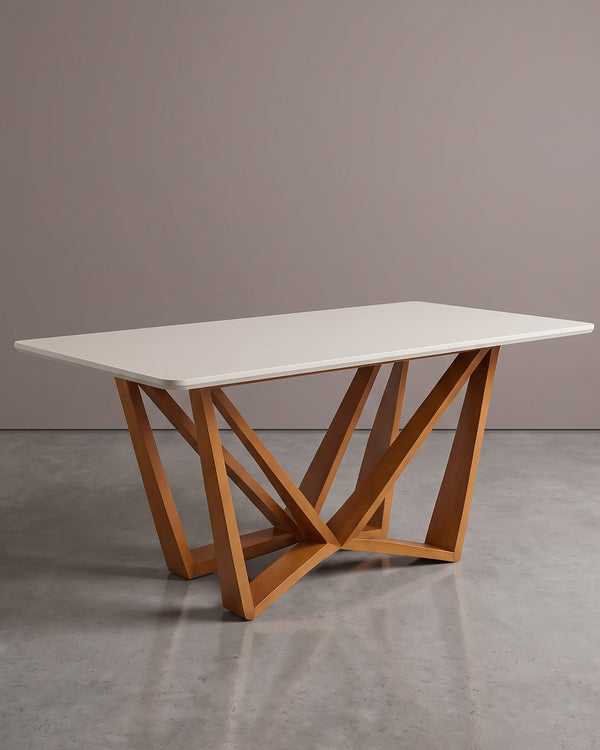 Mesa De Jantar Flor Tampo Off White Base Geométrica De Madeira
