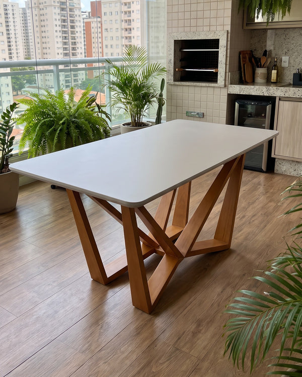 Mesa De Jantar Flor Tampo Off White Base Geométrica De Madeira - foto 4
