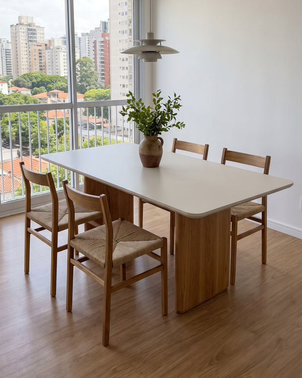 Mesa De Jantar Mia Tampo Off White Pés Placa De Madeira
