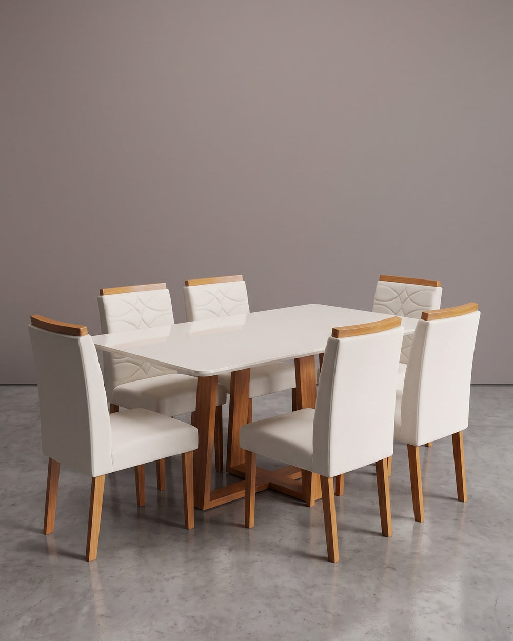 Conjunto Mesa Pedro 1.60m Off White Canto Redondo 6 Cadeiras