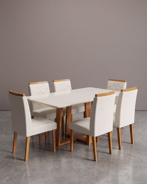 Conjunto Mesa Pedro 1.60m Off White Canto Redondo 6 Cadeiras