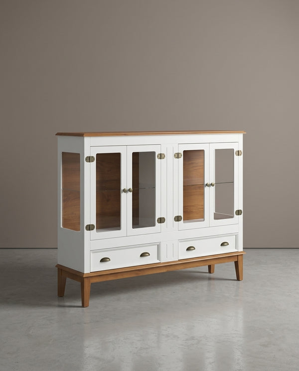 Mini Cristaleira de Madeira Maciça 4 Portas Branco/Amêndoa