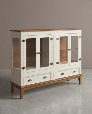 Mini Cristaleira de Madeira Maciça 4 Portas Off White/Amêndoa