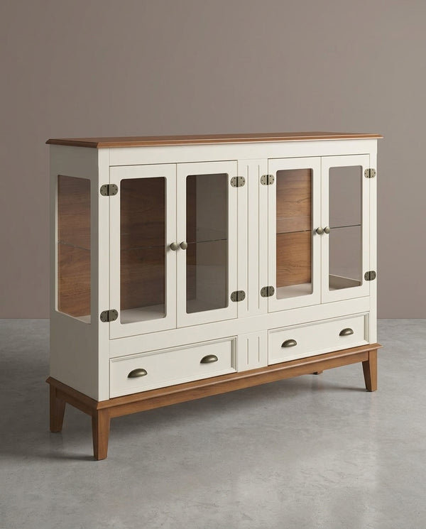 Mini Cristaleira de Madeira Maciça 4 Portas Off White/Amêndoa