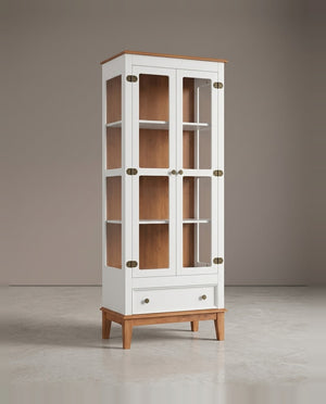 Cristaleira De Madeira Maciça 2 Portas + 1 Gaveta Branco/Amêndoa