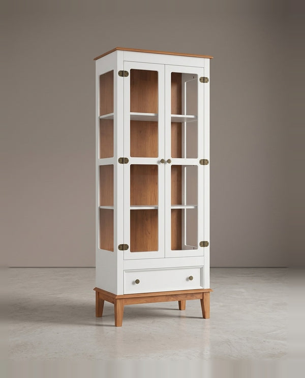 Cristaleira De Madeira Maciça 2 Portas + 1 Gaveta Branco/Amêndoa