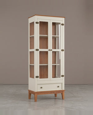 Cristaleira De Madeira Maciça 2 Portas + 1 Gaveta Off White/Amêndoa