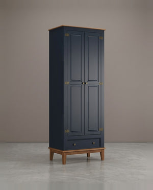 Guarda-Roupa Rústico 2 Portas e 1 Gavetas - Madeira Maciça e MDF Azul Petróleo