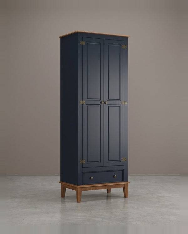 Guarda-Roupa Rústico 2 Portas e 1 Gavetas - Madeira Maciça e MDF Azul Petróleo