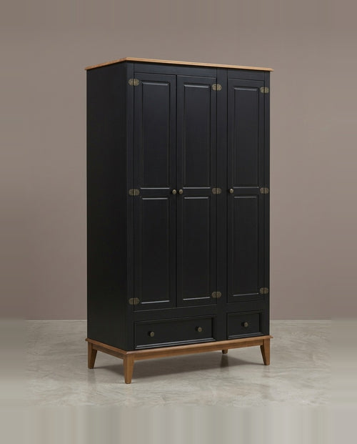 Guarda-Roupa Rústico 3 Portas e 2 Gavetas - Madeira Maciça e MDF Preto