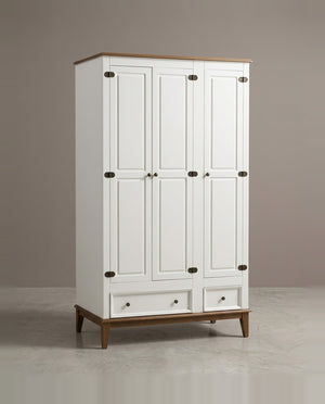 Guarda-Roupa Rústico 3 Portas e 2 Gavetas - Madeira Maciça e MDF Branco