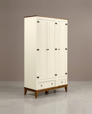 Guarda-Roupa Rústico 3 Portas e 2 Gavetas - Madeira Maciça e MDF Off White