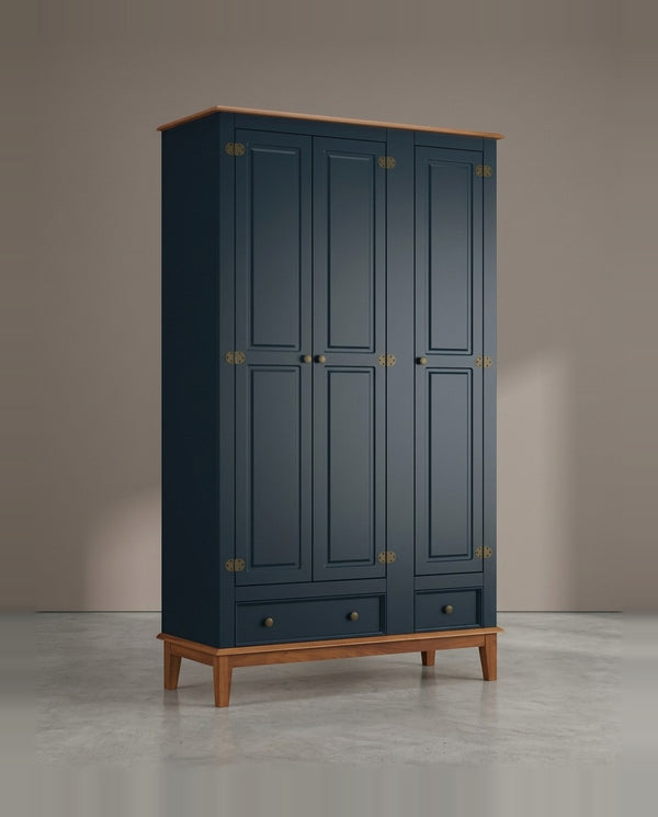 Guarda-Roupa Rústico 3 Portas e 2 Gavetas - Madeira Maciça e MDF Azul Petróleo