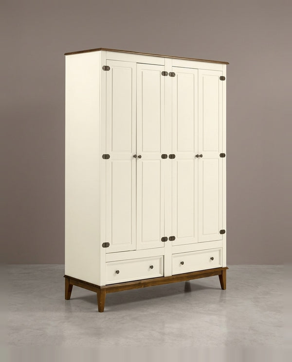 Guarda-Roupa Rústico 4 Portas e 2 Gavetas - Madeira Maciça e MDF Off White