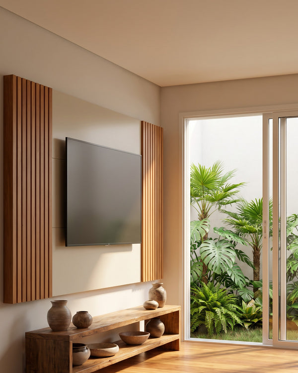 Painel Vertex Ripado Off White Com Laterais De Madeira
