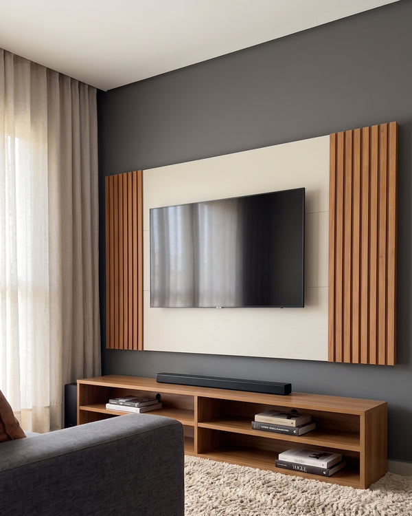 Painel Vertex Ripado Off White Com Laterais De Madeira
